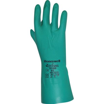 LA132G Nitri Guard Plus, Chemical Resistant Gloves, Green, Nitrile, Cotton Flocked Liner, Size 9