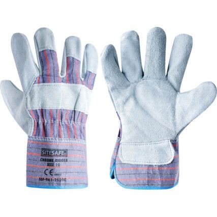 Rigger Gloves, Blue/White, Leather Coating, Cotton Liner, Size 8