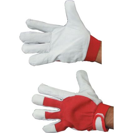 General Handling Gloves, Red/White, Leather Coating, Cotton Liner, Size 8