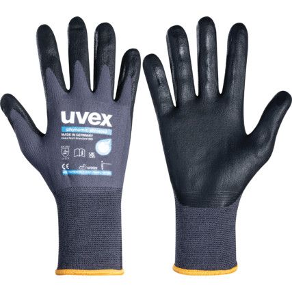 60049 Phynomic Allround Mechanical Hazard Gloves, Black/Grey, Polyamide Liner, Aqua-Polymer Foam Coating, EN388: 2016, 3, 1, 3, 1, X, Size 10