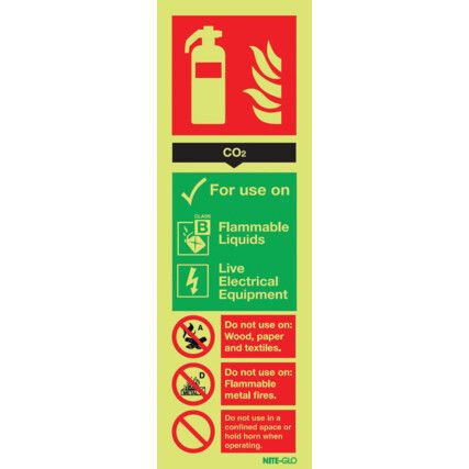 Carbon Dioxide Fire Extinguisher Photoluminescent Rigid PVC Sign 90mm x 280mm