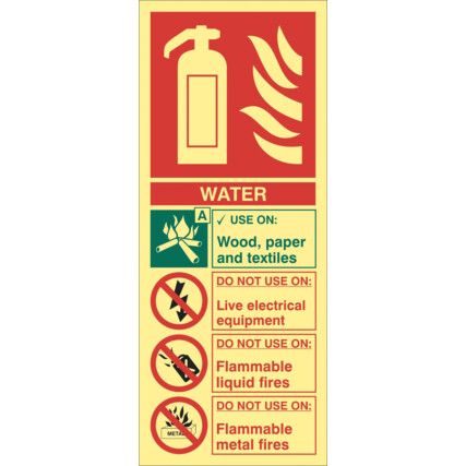 Water Fire Extinguisher Photoluminescent Rigid PVC Sign - 82 x 202mm