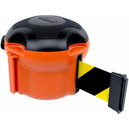 XS Unit Retractable Belt Barrier, Nylon, Orange, Black/Yellow Tape