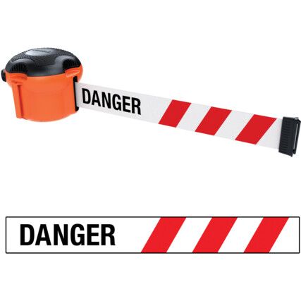 XS Unit Retractable Belt Barrier, Nylon, Orange, Red/White 'Danger' Tape