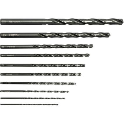 Long Series Drill Set, 2mm to 10mm, High Speed Steel, Metric, Set of 10