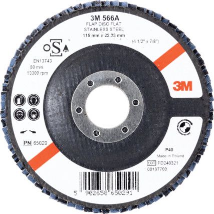 566A, Flap Disc, 65029, 115 x 22.23mm, Flat (Type 27), P40, Zirconia