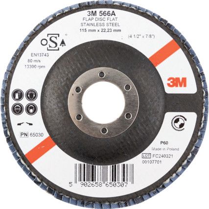 566A, Flap Disc, 65030, 115 x 22.23mm, Flat (Type 27), P60, Zirconia