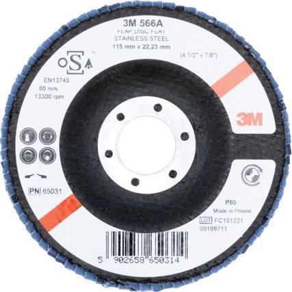 566A, Flap Disc, 65031, 115 x 22.23mm, Flat (Type 27), P80, Zirconia