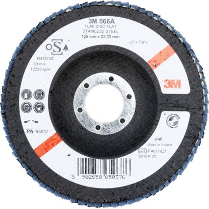 566A, Flap Disc, 65037, 125 x 22.23mm, Flat (Type 27), P40, Zirconia