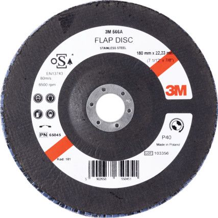 566A, Flap Disc, 65045, 180 x 22.23mm, Flat (Type 27), P40, Zirconia