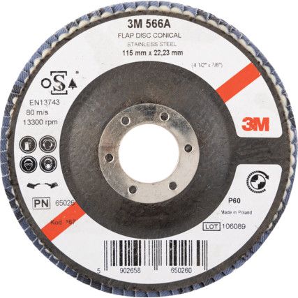 566A, Flap Disc, 65026, 115 x 22.23mm, Conical (Type 29), P60, Zirconia