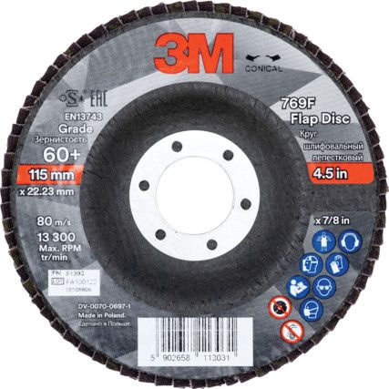 769F, Flap Disc, 51993, 115 x 22.23mm, Conical (Type 29), P60, Zirconia