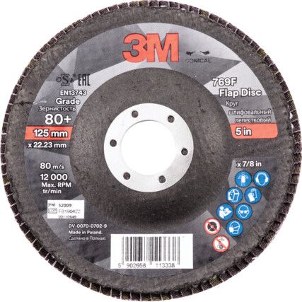 769F, Flap Disc, 52009, 125 x 22.23mm, Conical (Type 29), P80, Zirconia