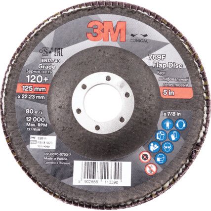 769F, Flap Disc, 52011, 125 x 22.23mm, Conical (Type 29), P120, Zirconia