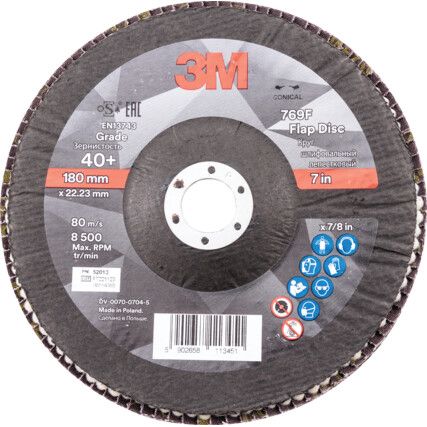 769F, Flap Disc, 52013, 180 x M9785:M998322.23mm, Conical (Type 29), P40, Zirconia