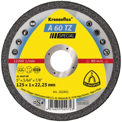 Cutting Disc, Kronenflex, 60-Fine, 125 x 1 x 22.23 mm, Type 41, Aluminium Oxide