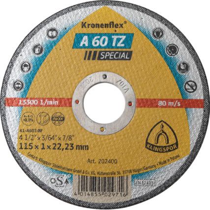 Cutting Disc, Kronenflex, 60-Fine, 115 x 1 x 22.23 mm, Type 41, Aluminium Oxide