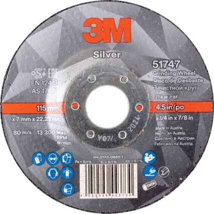 51747, Grinding Disc, Silver, 36-Medium/Coarse, 115 x 7 x 22.23 mm, Type 27, Ceramic