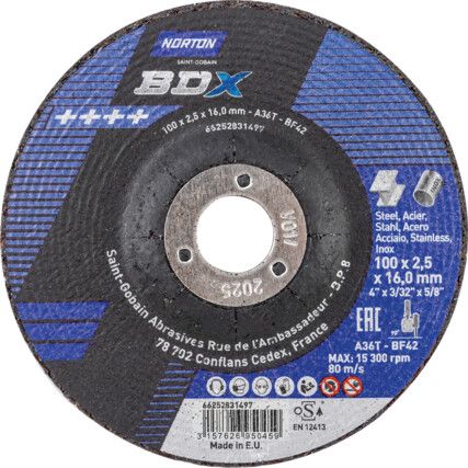 Cutting Disc, BDX, 36-Medium, 100 x 2.5 x 16 mm, Type 42, Aluminium Oxide
