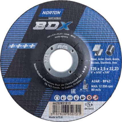 Cutting Disc, BDX, 36-Medium, 125 x 2.5 x 22.23 mm, Type 42, Aluminium Oxide