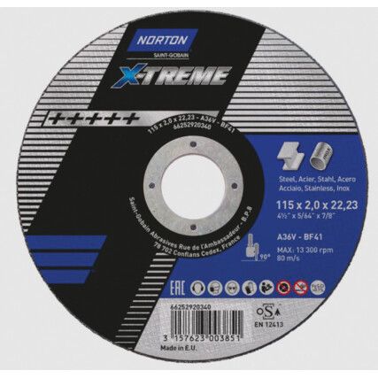 Cutting Disc, X-Treme, 36-Medium, 115 x 2 x 22.2 mm, Type 41, Aluminium Oxide