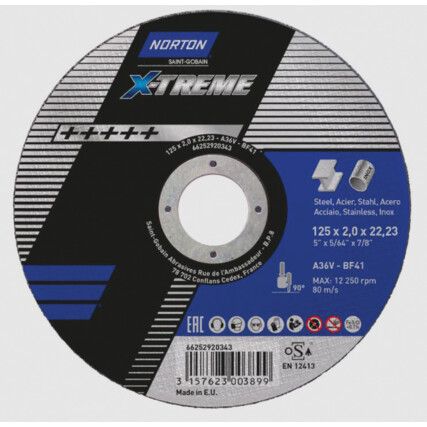 Cutting Disc, X-Treme, 36-Medium, 125 x 2 x 22.2 mm, Type 41, Aluminium Oxide