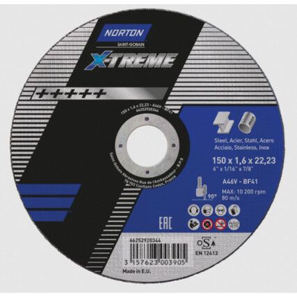 Cutting Disc, X-Treme, 46-Fine/Medium, 150 x 1.6 x 22.23 mm, Type 41, Aluminium Oxide