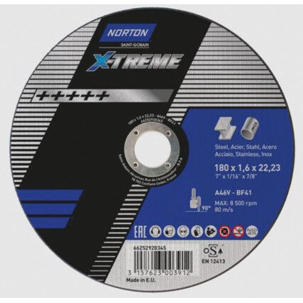 Cutting Disc, X-Treme, 46-Fine/Medium, 180 x 1.6 x 22.23 mm, Type 41, Aluminium Oxide