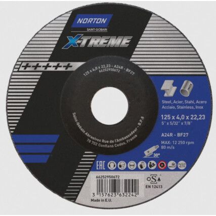 Grinding Disc, X-Treme, 24-Coarse, 125 x 4 x 22.23 mm, Type 27, Aluminium Oxide