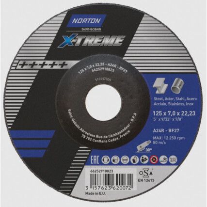 Grinding Disc, X-Treme, 24-Coarse, 125 x 7 x 22.23 mm, Type 27, Aluminium Oxide