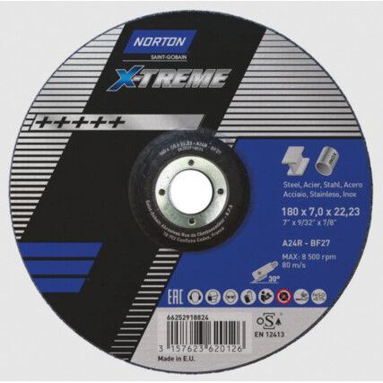 Grinding Disc, X-Treme, 24-Coarse, 180 x 7 x 22.23 mm, Type 27, Aluminium Oxide
