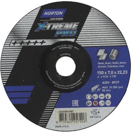 Grinding Disc, X-Treme Pro, 30-Medium/Coarse, 150 x 7 x 22.23 mm, Type 27, Aluminium Oxide