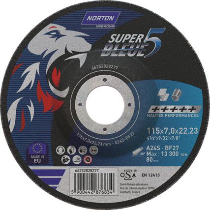 Grinding Disc, Super Bleue 5, 24-Coarse, 115 x 7 x 22.23 mm, Type 27, Aluminium Oxide