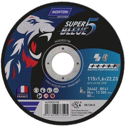 Cutting Disc, Super Bleue 4, 46-Fine/Medium, 115 x 1.6 x 22.23 mm, Type 41, Aluminium Oxide