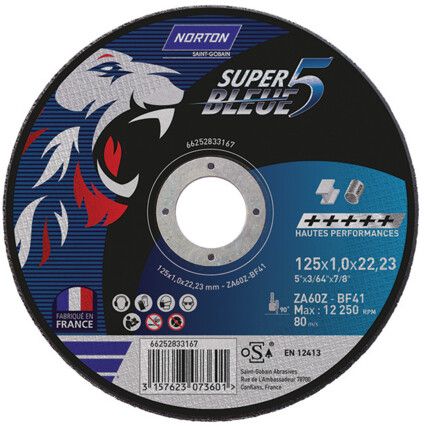 Cutting Disc, Super Bleue 4, 46-Fine/Medium, 125 x 1 x 22.23 mm, Type 41, Aluminium Oxide