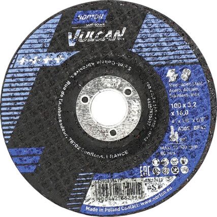 Cutting Disc, Vulcan, 30-Medium/Coarse, 100 x 3.2 x 16 mm, Type 42, Aluminium Oxide