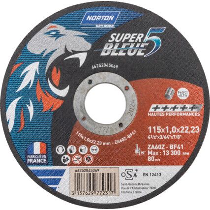 Cutting Disc, Super Bleue 4, 46-Fine/Medium, 115 x 1 x 22.23 mm, Type 41, Aluminium Oxide