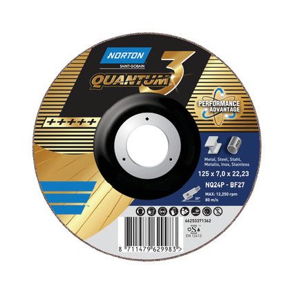 Grinding Disc, Quantum 3, 24-Coarse, 115 x 7 x 22.23 mm, Type 27, Ceramic