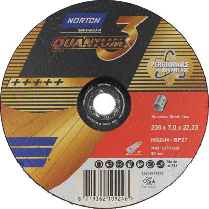 Grinding Disc, Quantum 3, 24-Coarse, 230 x 7 x 22.23 mm, Type 27, Ceramic