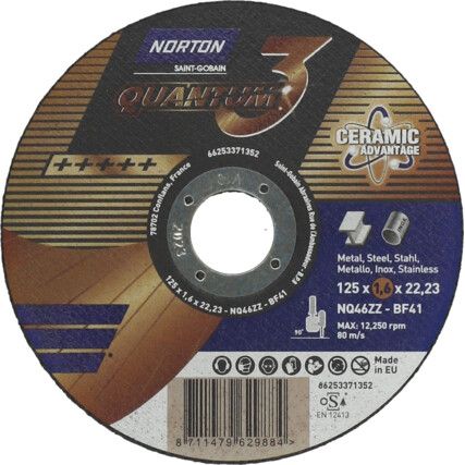 Cutting Disc, Quantum, 46-Fine/Medium, 125 x 1.6 x 22.23 mm, Type 41, Ceramic