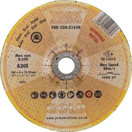 Grinding Disc, 30-Medium/Coarse, 115 x 6 x 22 mm, Type 27, Aluminium Oxide
