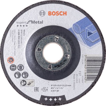 Grinding Disc, 30-Medium/Coarse, 125 x 6 x 22.23 mm, Type 27, Aluminium Oxide