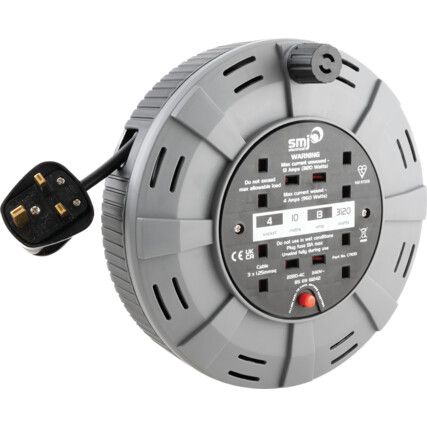 Cable Reels, 4-Socket, 13A, Grey/Black, 10m, Thermal Cutout Protection