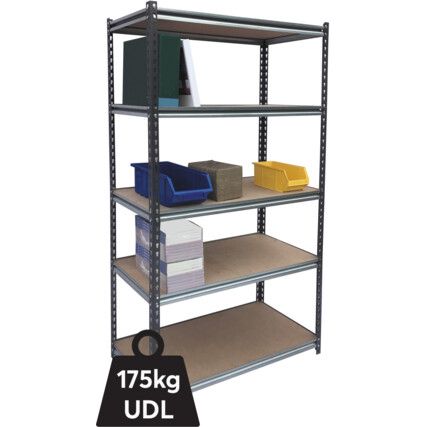 Standard Duty Shelving, 5 Shelves, 175kg Shelf Capacity, 1800mm x 1000mm x 600mm, Grey