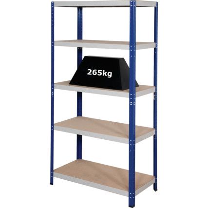 Standard Duty Shelving, 5 Shelves, 265kg Shelf Capacity, 1770mm x 900mm x 450mm, Blue