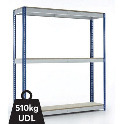Heavy Duty Shelving, 3 Shelves, 510kg Shelf Capacity, 1980mm x 1500mm x 450mm, Blue & Grey
