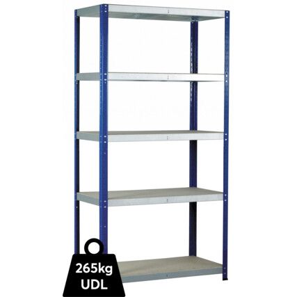 Standard Duty Shelving, 5 Shelves, 265kg Shelf Capacity, 1760mm x 900mm x 450mm, Blue & Grey