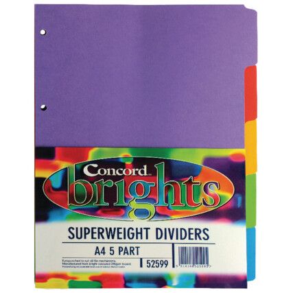 52599/525 Bright Dividers A4 Heavy Weight 5 Part Dividers Assorted