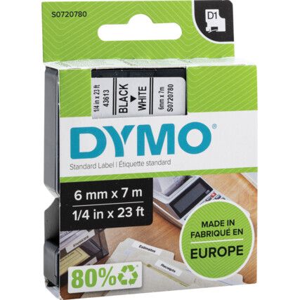 DYMO D1 TAPE 6mm BLACK ON WHITE 43613