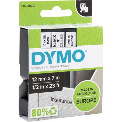 DYMO D1 TAPE 12mm BLACK ON CLEAR 45010